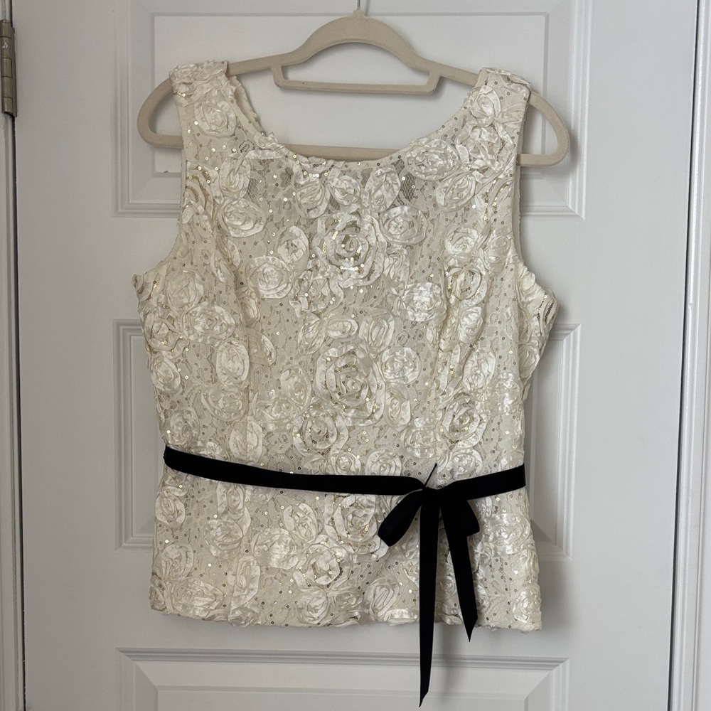 Alex Evenings Cream Sequin Floral Tank with Black Waist Tie
